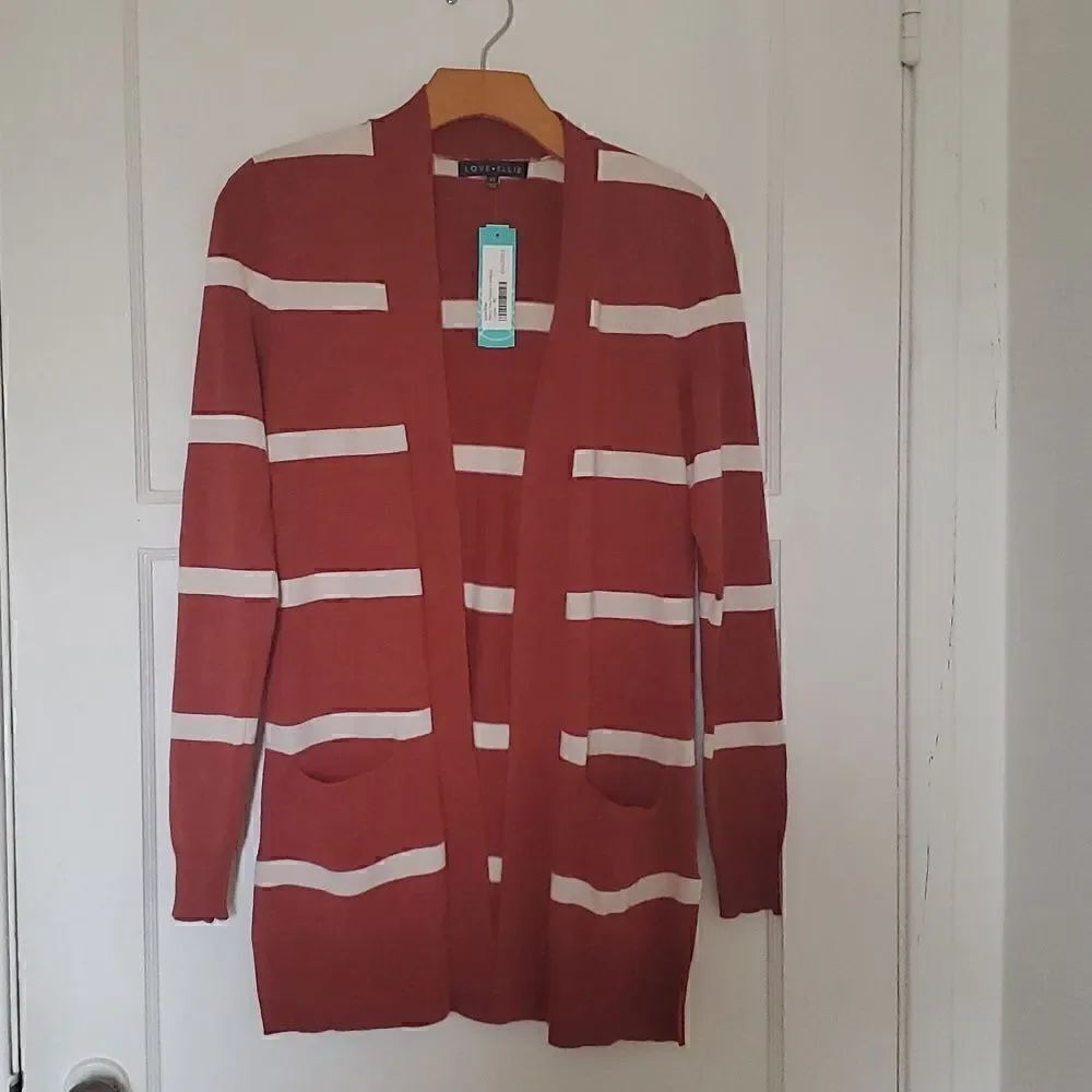 Love Ellie by Stitch Fix Neely Two Pocket Open Front Striped Cardigan Cognac XS